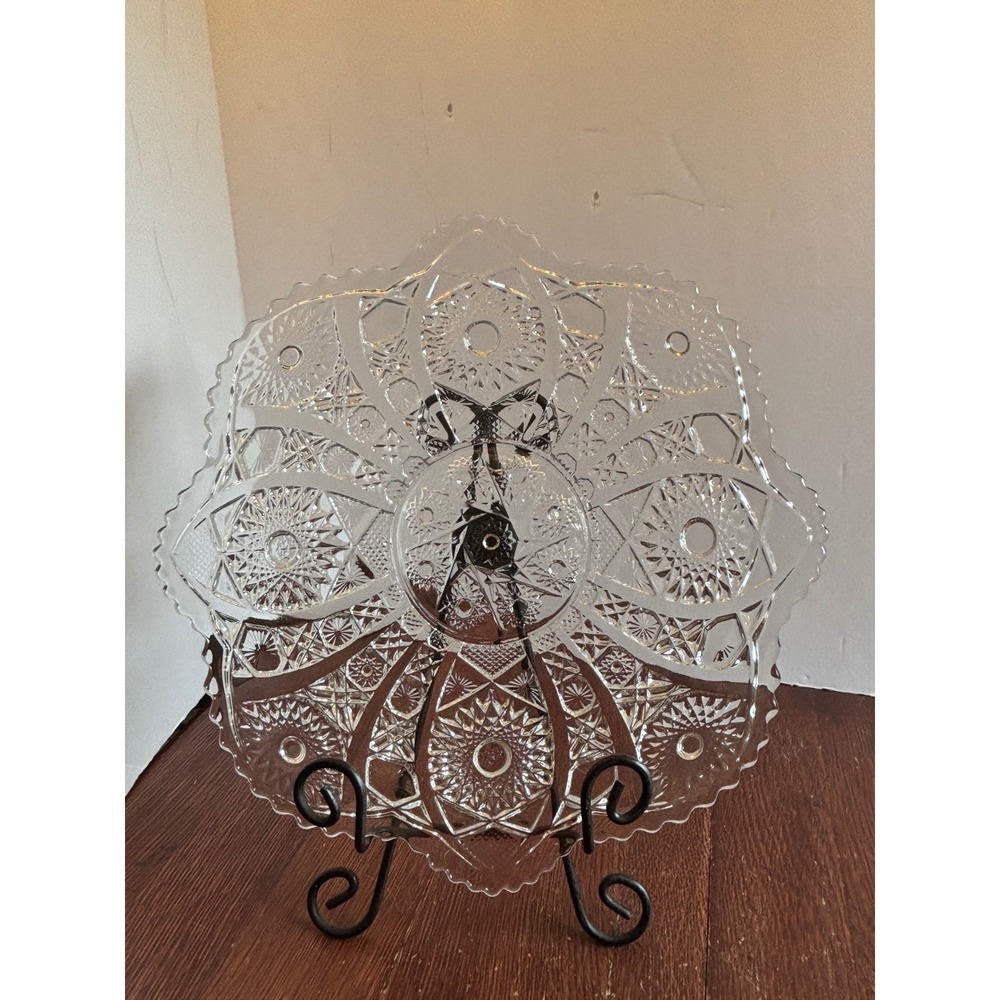 Vintage Clear Pressed Glass Starburst Pinwheel Scalloped 13 Inch Serving Platter